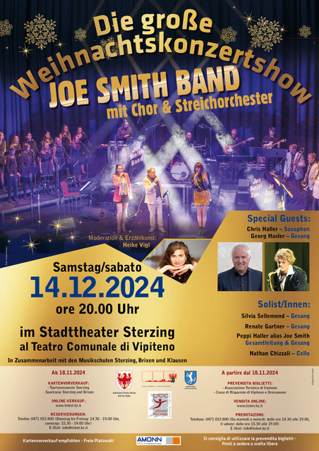 Samstag, 14.12.2024 - Sterzing: Stadttheater, 20:30 Uhr
Weihnachtskonzert der Joe Smith Band